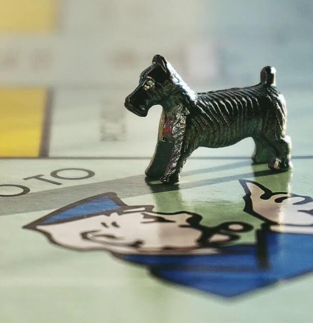 dog piece on Monopoly board